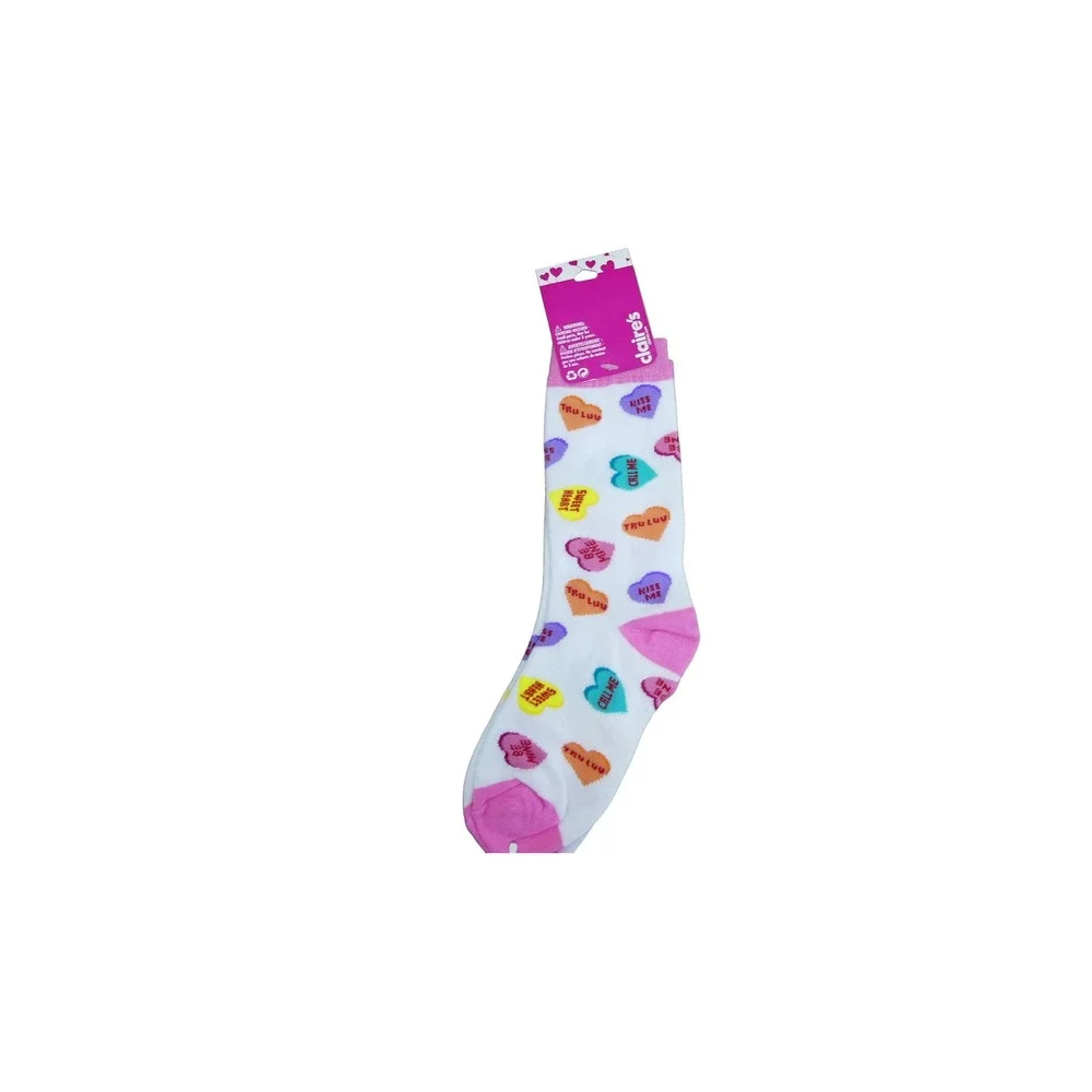 Claire's Socks Girls One Size White NWT Conversation Hearts Pink Trim 13784-4